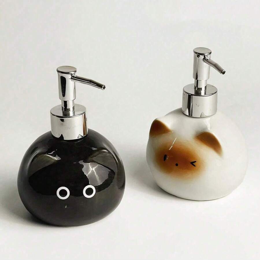 1pc Nordic Style Cute Siamese Cat Ceramic Shampoo Shower Gel Refillable Bottle, High Aesthetic Bathroom Supplies Home Bathroom Decor Fall Decor Back To School