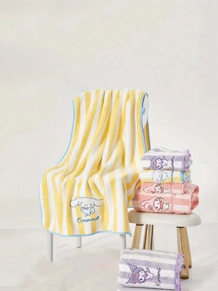 Sanrio 1pc Sanrio Cute Cartoon Themed Bath Towels, Super Absorbent Coral Velvet Bath Towels, Modern Striped Designs, Cute Character Embroidery, Knitted Fabrics - Ideal For Bathing And Wiping Hair