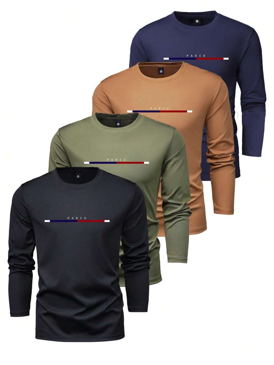 4pcs Regular Fit Men's Long Sleeve T-Shirts, Personalized Graphic Print, Casual Sports Lightweight Tops For Summer