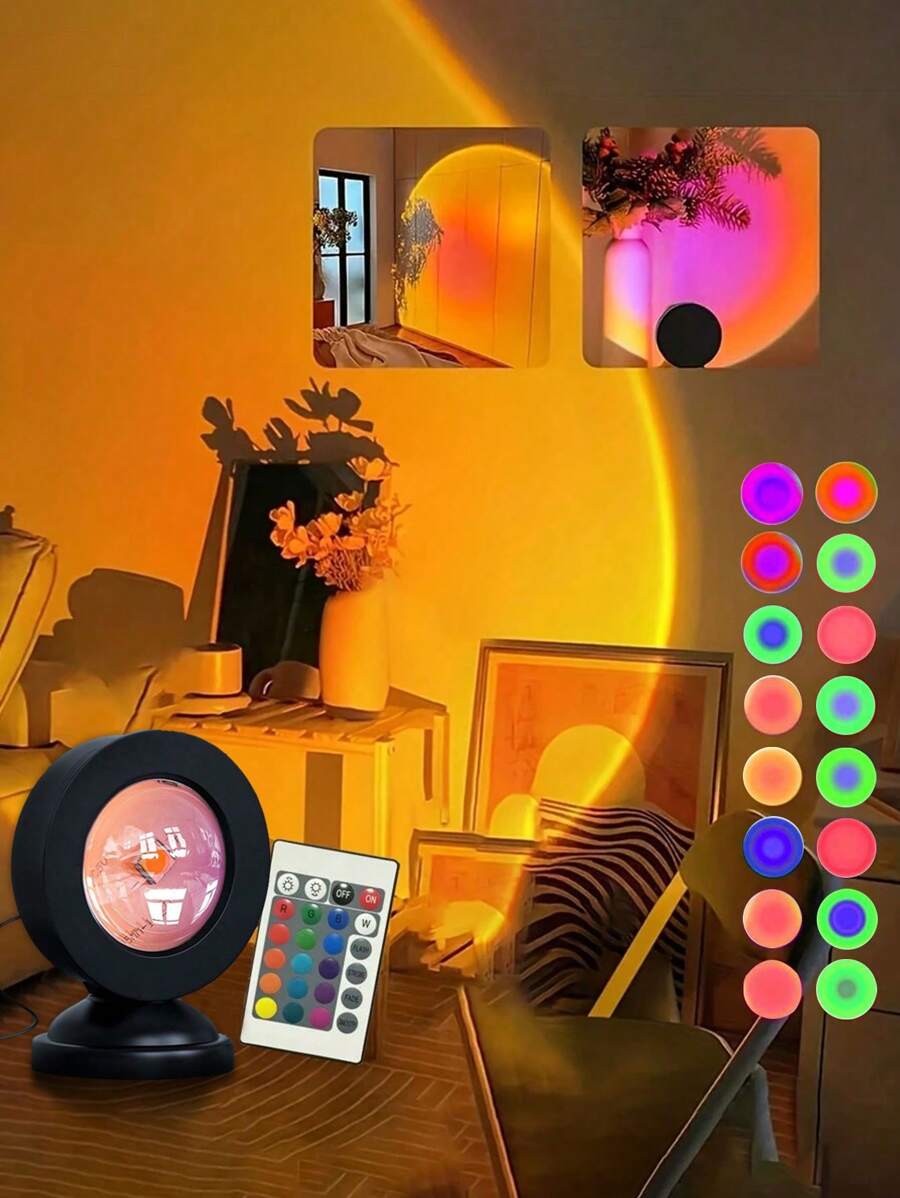 1pc RGB Sunset Lamp, 16 Color Remote Control Sunset Lamp, Influencer Live Streaming Atmosphere Light, LED Projector Ambient Light, Rainbow Lamp