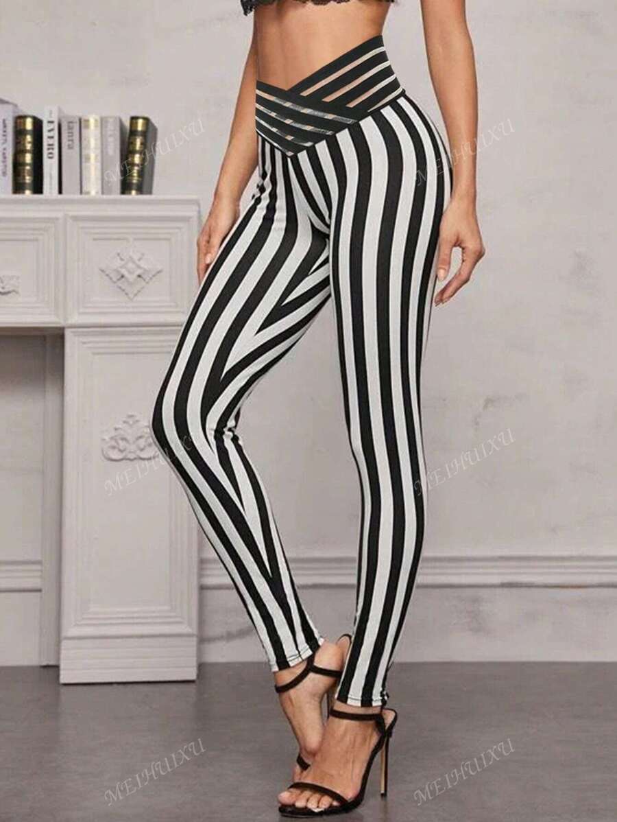 Crossed Waistband Striped Digital Print Leggings, High Waist Stretchy Sport Cropped Pants