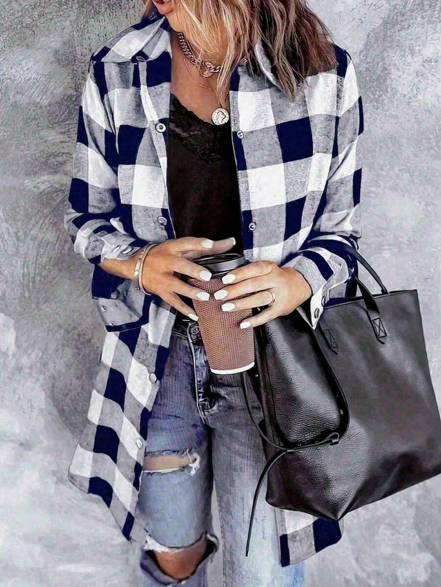 Flanel voor dames 2024 herfstmode lange mouwen geruite overhemden met knopen Shacket blouse top