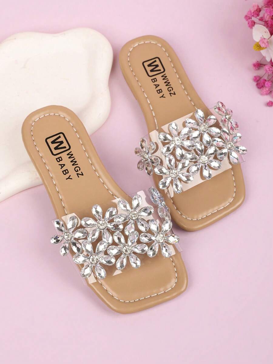 Sandalias planas con tira en T transparente y flor de strass para niñas, cómodas y casuales tipo chanclas, apropiadas para fiestas, exteriores, playa, camping, con diseño floral romántico, para el Día de San Valentín