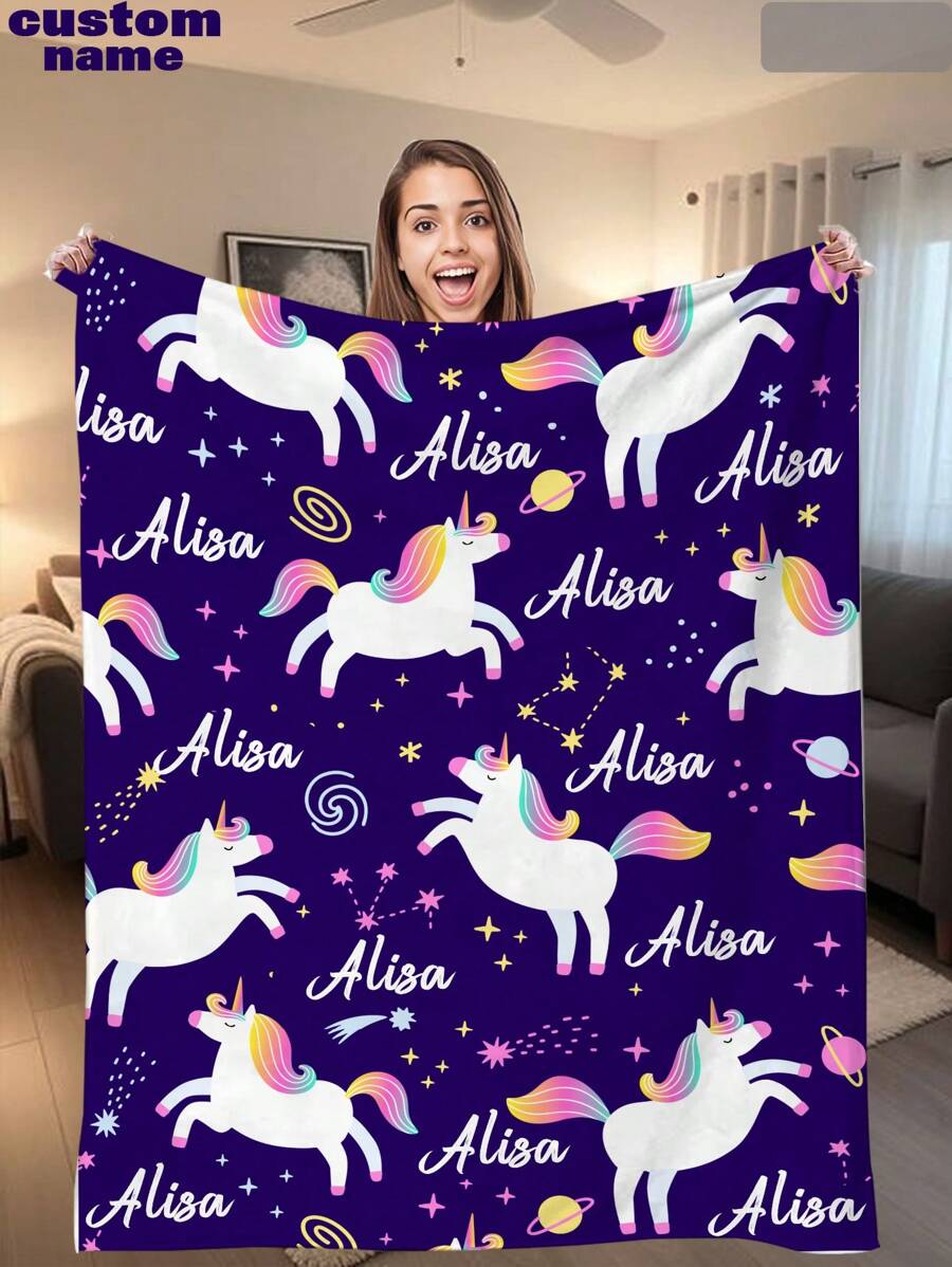1pc Customized Text Blanket, Personalized Name Blanket, Unique Funny Unicorn & Name Design Customized Blanket, Best Friend Face Blanket, Cozy Blanket, Family Face Gift, Wedding Gift, Birthday Gift, Mother's Day Gift, Father's Day Gift, Gift For Mom/Dad, Gift For Friends, Gift For Her