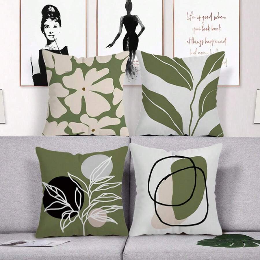 MEMNUN 4pcs Simple Flower Leaf Printed Pillowcases (Pillow Core Not Included), Single-Sided Print, Square Pillow Cover For Living Room Sofa Bedroom Home Decor Cushion Cover Gifts Birthday Graduation