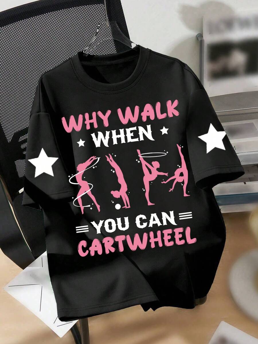 Tween Girl Cartoon Dancer And Slogan Print Crew Neck T-Shirts Spring And Summer Girl's Casual Tee Soft Tops