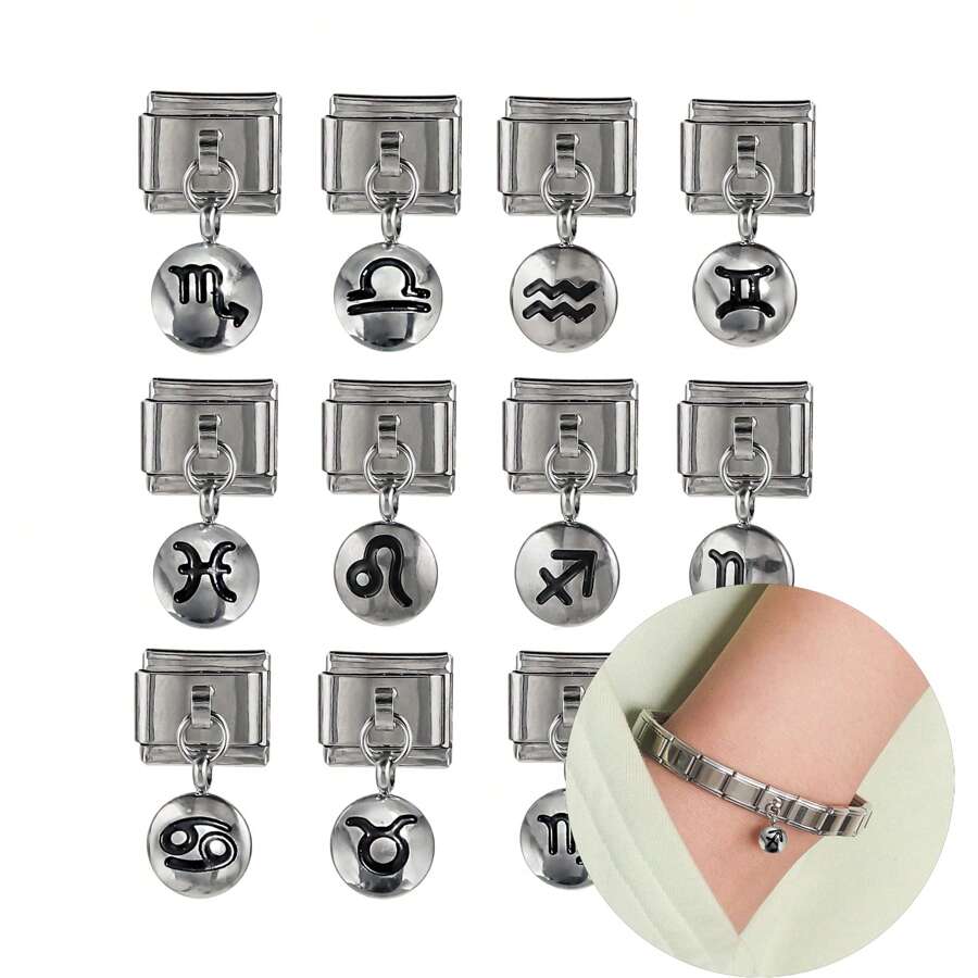 1pc Stainless Steel 9mm Watch Module Pendant Twelve Constellations Dripping Oil Series DIY Bracelet Module Bracelet Assembly Decorative Module Connector Watch Block Elastic Bracelet Assembly Accessories