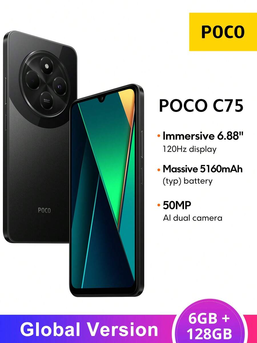 Xiaomi POCO C75 NFC Smartphone 6GB+128GB Global Version Helio G81-Ultra Processor 6.88" 120Hz Cinema-View Display 50MP AI Dual Camera 18W 5160mAh Battery