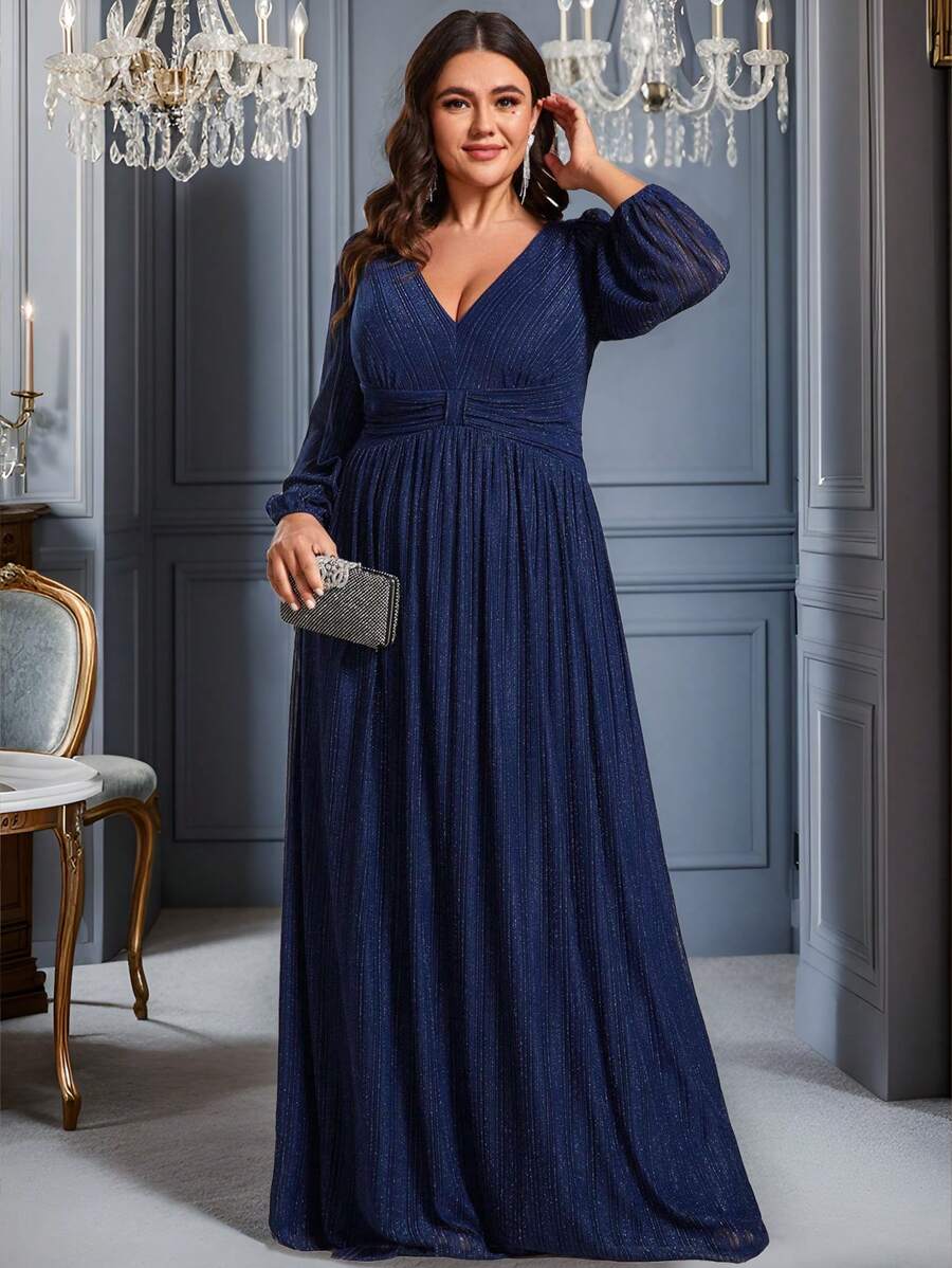 EVER-PRETTY Plus Size Elegant Deep V-Neck Lantern Sleeve Formal Evening Prom Dresses