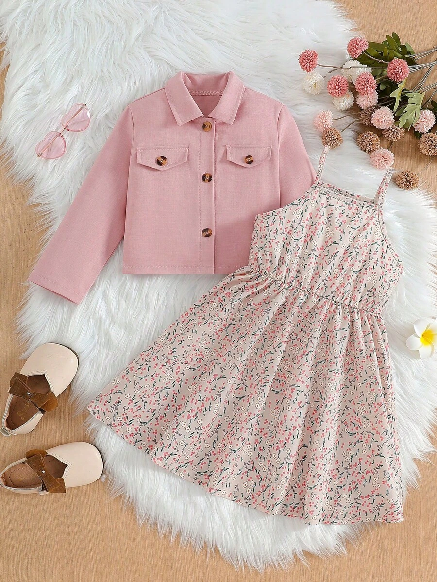 2 pezzi Set giacca con colletto di moda e vestito a tubino con stampa floreale per ragazze giovani, elegante, nuovo arrivo primavera/autunno