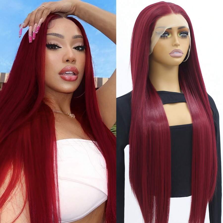 13X4 Burgundy Lace Front Wigs Synthetic Hair Lace Frontal Wig With Baby Hair Heat Resistant Synthetic Wigs For Women Wine Red Wig