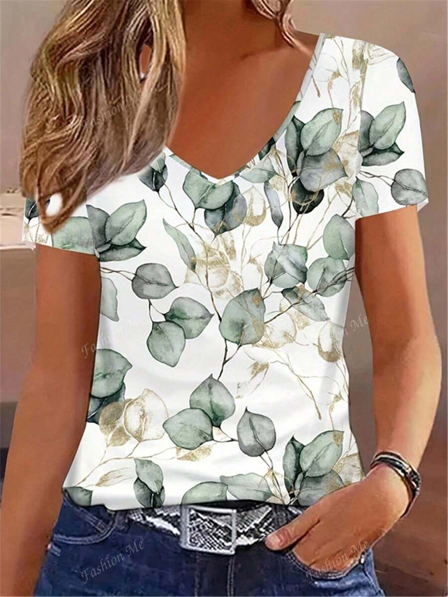 T-shirt casual à col V, manches courtes pour femmes, imprimé floral aléatoire, été
