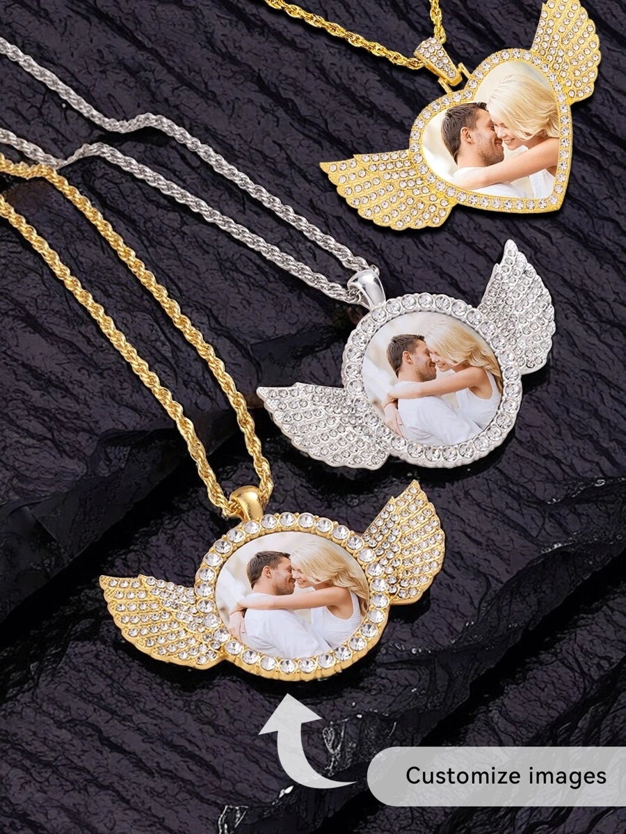 1 pieza Collar personalizado con colgante de metal en forma de ala de ángel y corazón redondo, estilo europeo, unisex, regalo para novio, novia, amigos, boda, San Valentín, Día del Padre, Día de la Madre, cumpleaños, joyería decorada con cristales