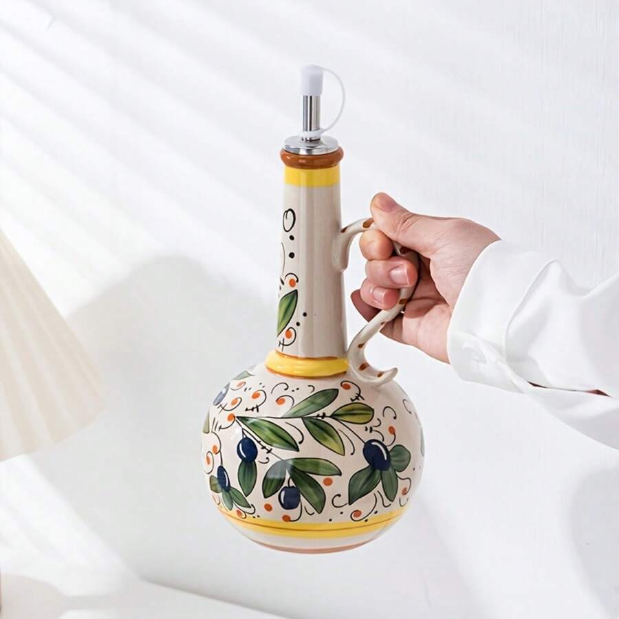 1pc Handpainted Ceramic Olive Oil Dispenser Bottle With Spout - Freezer Safe, Kitchen Decor