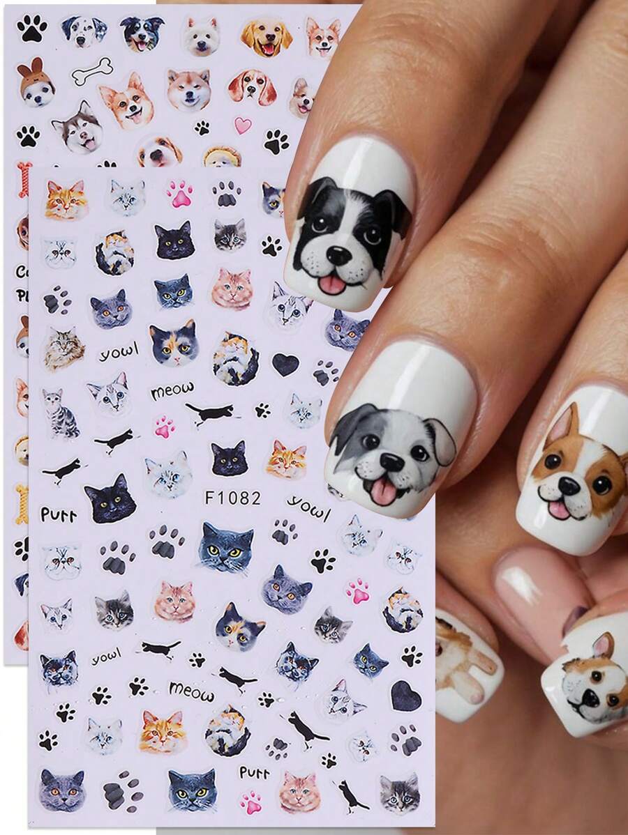 2PCS Cute Dog & Cat Nail Stickers Decals Puppy Paw Lovely Animal Nail Art Designs DIY Sliders 3D Self Adhesive Manicure Nail Supplies For Women Girl Nails Decoration