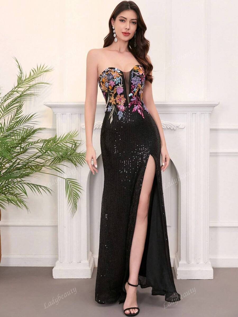 Vestido de noche con lentejuelas sin tirantes estilo sirena de longitud hasta el piso con abertura, vestido de fiesta, vestido para invitada de boda, vestido formal, vestido de gala