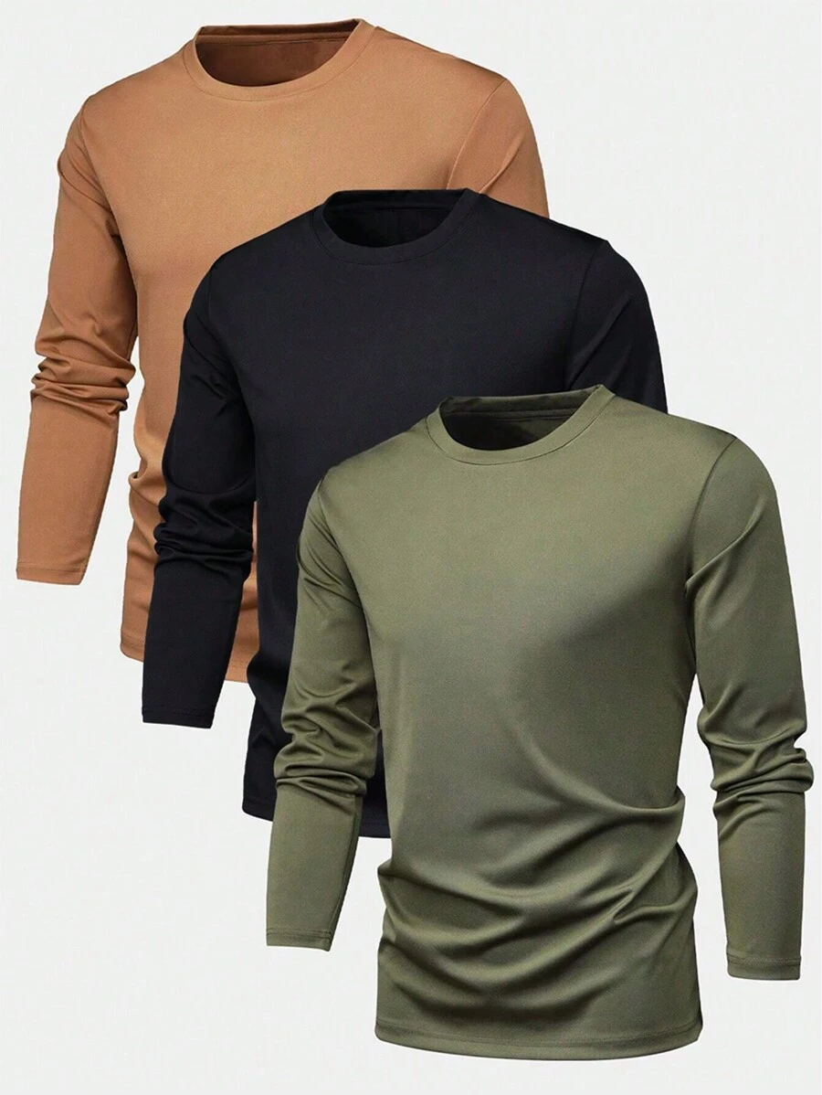 3pcs/Set Men's Solid Color Casual Crew Neck Long Sleeve T-Shirts, Autumn