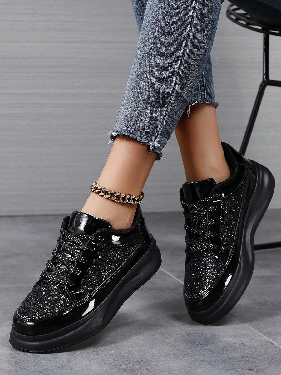 Sneakers casual nere da donna per primavera e autunno, con suola morbida antiscivolo, leggere, con platform, punta arrotondata e allacciate