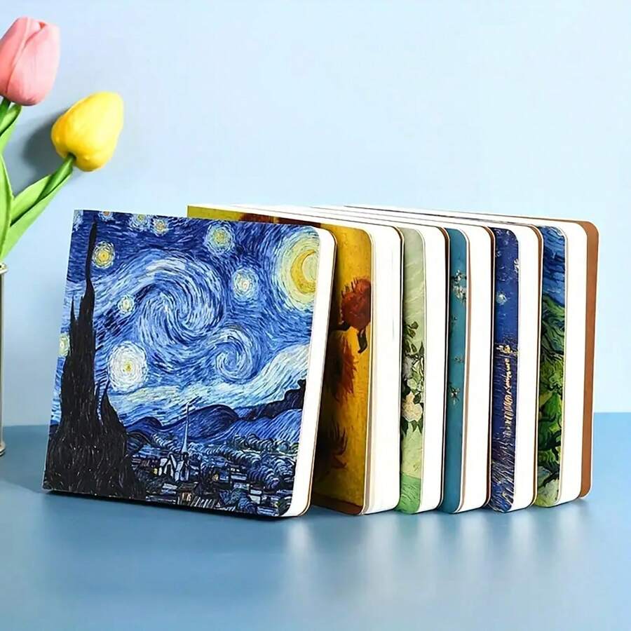 1pc Van Gogh Painting Stamp Blank Notebook Organizer, Spiral Bound And Portable, Floral Designs With Rose, Sunflower, Plum Blossom, Landscape Patterns, Creative Gift, Festival Accessory, Party Supply, School Supplies,Back To School