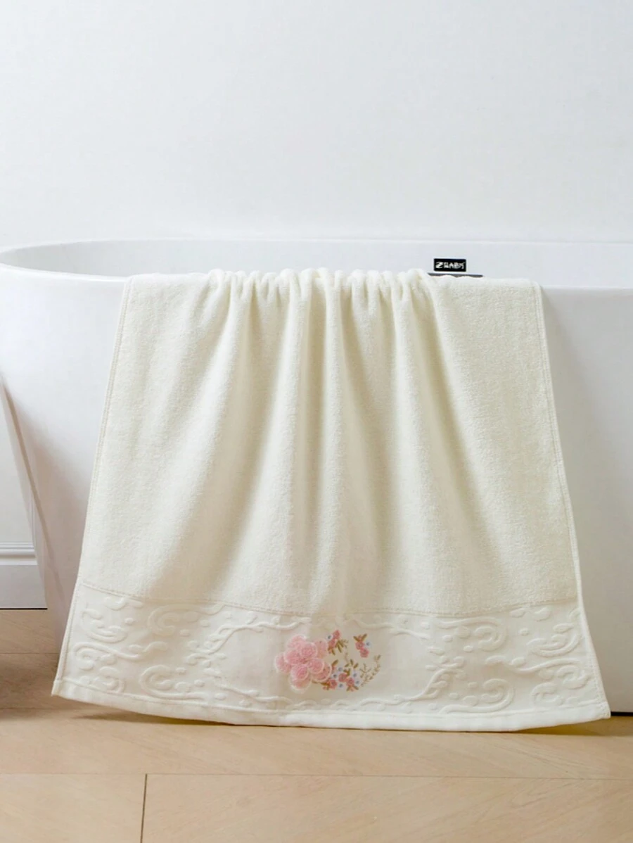 1 pieza Toalla blanca con diseño de bordado floral, toalla de baño rectangular de unicolor minimalista de 27,55"X55,11" o toalla de mano/cara pequeña de 13,38"X29,52", envoltorio unisex para baño/ducha, de secado rápido, absorbente, suave y sin decoloración, adecuada para baño, hotel, gimnasio, regalo de vacaciones, decoración del hogar y el baño, vuelta al colegio, para salón de belleza