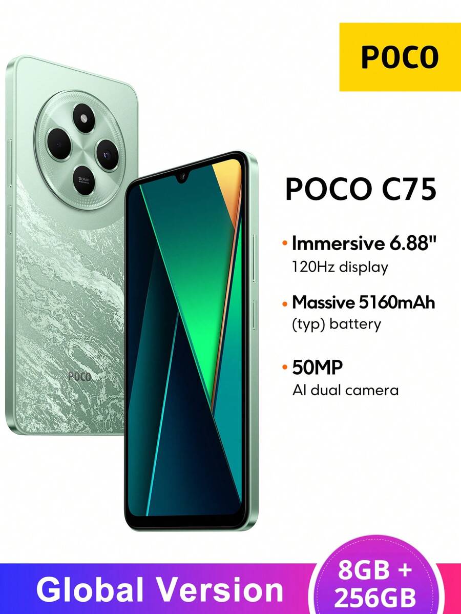 Xiaomi POCO C75 NFC Smartphone 8GB+256GB Global Version Helio G81-Ultra Processor 6.88" 120Hz Cinema-View Display 50MP AI Dual Camera 18W 5160mAh Battery
