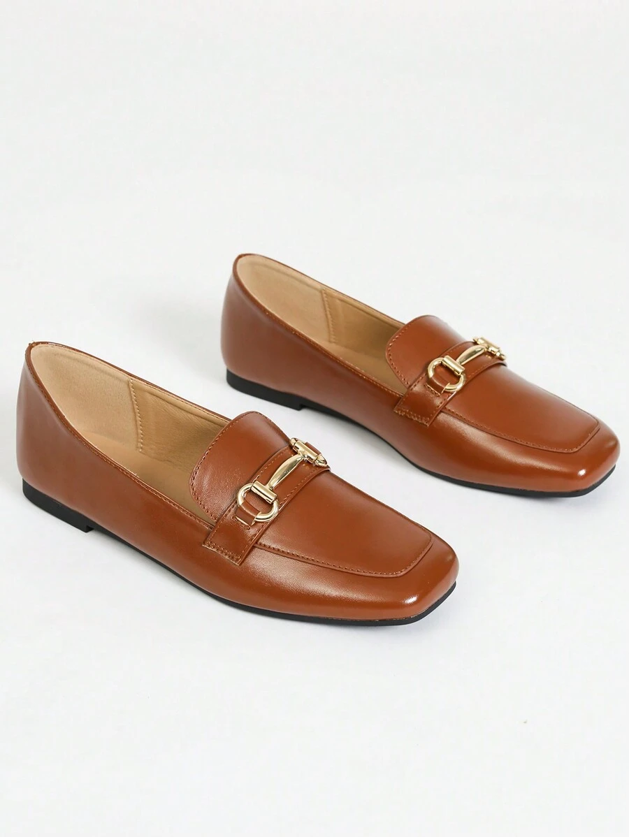 Women Wide Fit Simple Vintage Square Toe Slip-On Flat Shoes With Metal Decor, Versatile