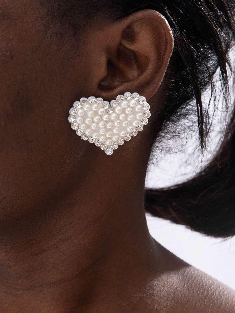 imoli 1 Pair Vintage Elegant Resin Faux Pearl Heart Crystal Inlaid Minimalist Charming Teardrop Earrings, Versatile For Women, Party Gift Valentines
