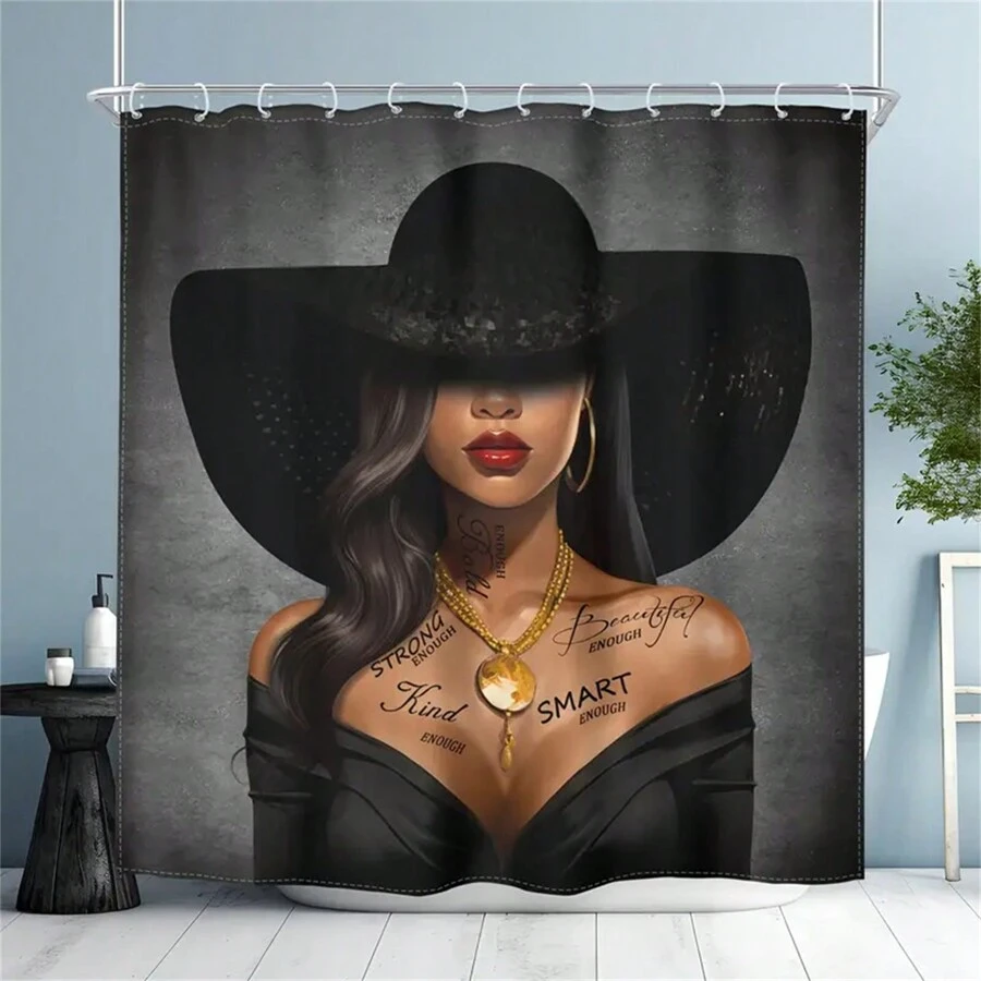 1PC African American Shower Curtain, Inspirational Quotes Modern Bathroom Curtain Bath Curtain Fabric Afro Lady Bathroom Accessories Decor With 12 Hook Home Bathroom Decor Fall Decor Back To School