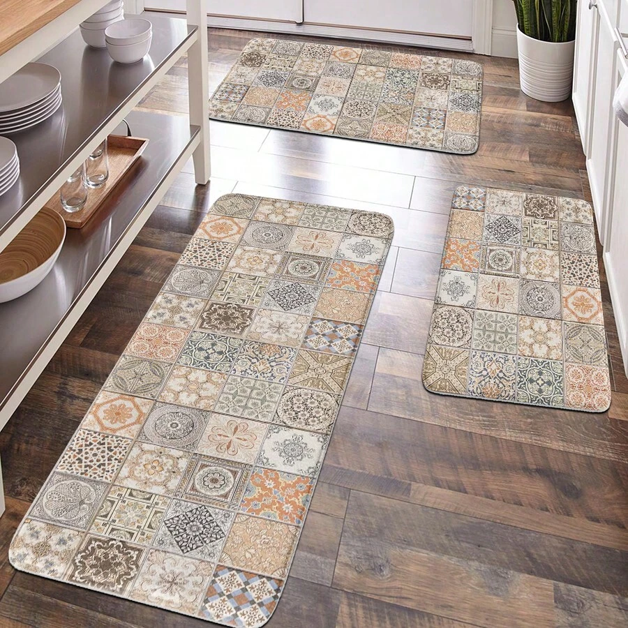 1 pieza Felpudo para el hogar, habitación, baño, antideslizante, para decoración de cocina, juego de baño, superficie suave y mullida, alfombra anti-fatiga, estampado floral geométrico vintage, estilo bohemio y minimalista clásico, cómodo, alivia la fatiga de los pies, regalo de San Valentín para mujer, cumpleaños, novio, novia, decoración de baño, alfombra de piso, alfombra de exterior, felpudo de puerta, accesorios de baño de verano, de vuelta a la escuela