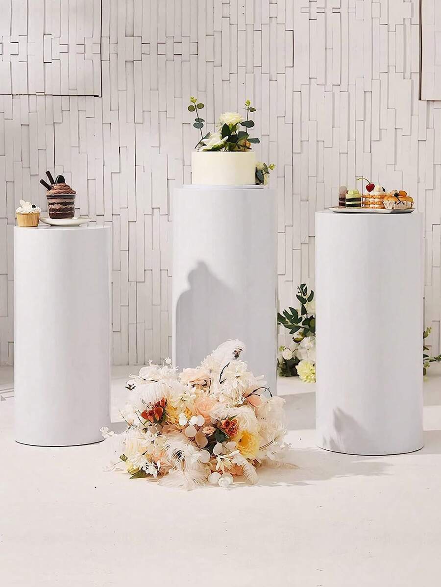 3Pcs/5Pcs White Cylindrical Column Cover,Elastic Dessert Table Cylindrical Cloth Cover,Wedding Decor, Birthday Party Decoration(Not Including The Cylindrical Column)Party Decor Supplies,Bridal Shower Decor,Party Favor
