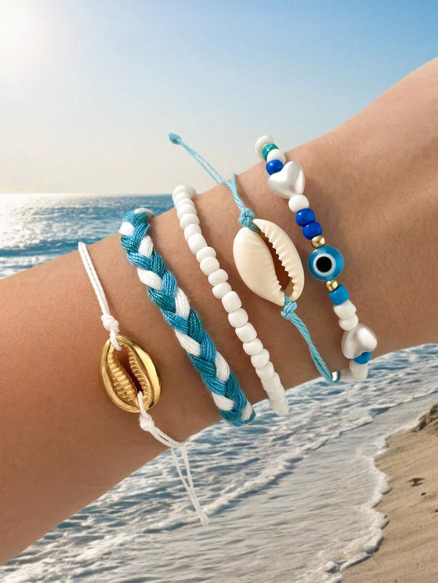 5pcs Set Handmade Seashell Beaded Bracelets, Matching Faux Pearl Evil Eye & Heart Charm Bracelet Jewelry Set For Women Valentines