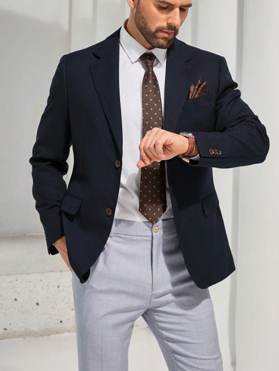 Furuyal Men's Blazers Coat Solid Slim Fit Casual Two Button Classic Long Sleeves Business Wedding Prom Party Navy Blue Size XS-3XL