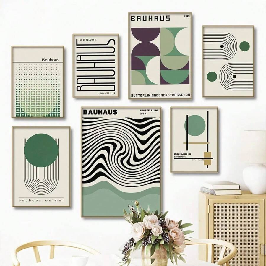 1 pièce Œuvre murale d'art moderne minimaliste aux lignes de couleur verte Bauhaus. Affiche, impression sur canevas, peinture abstraite pour la décoration du salon, sans cadre