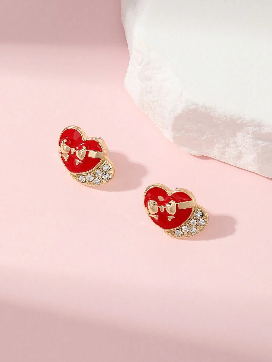 1 Paar Ohrringe mit Herzform und Schleife aus Zinklegierung, geeignet für Frauen an Valentinstag und für legere Dates