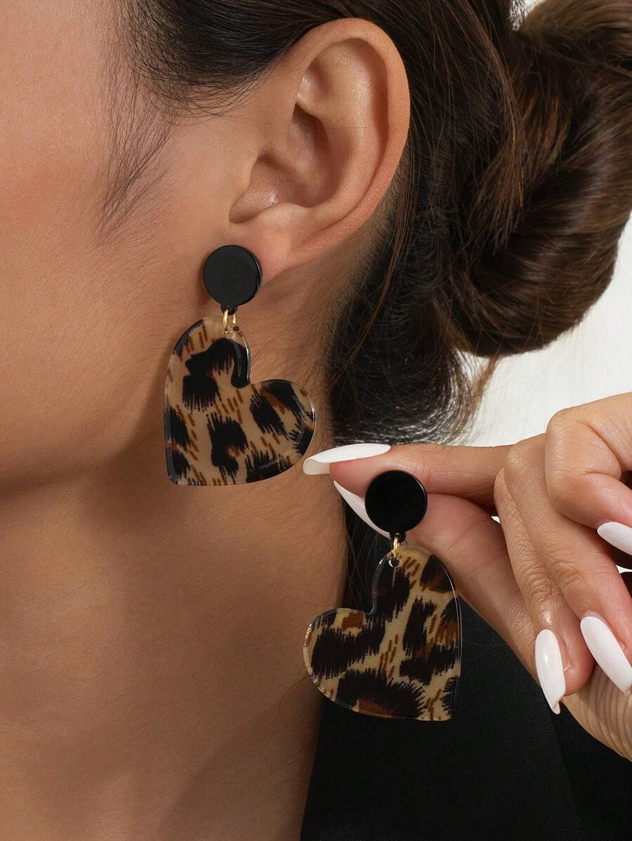 1 Pair Vintage Leopard Print Acrylic Heart Shaped Drop Earrings For Women Valentines,Mom,Mother,Mother's Day,Gift