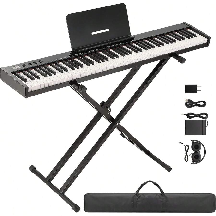 Piano digital con 88 teclas de tamaño completo y semi ponderadas, conjunto de teclado electrónico, piano eléctrico portátil con soporte, auriculares, pedal, bolso, Bluetooth, USB MIDI, ideal para principiantes