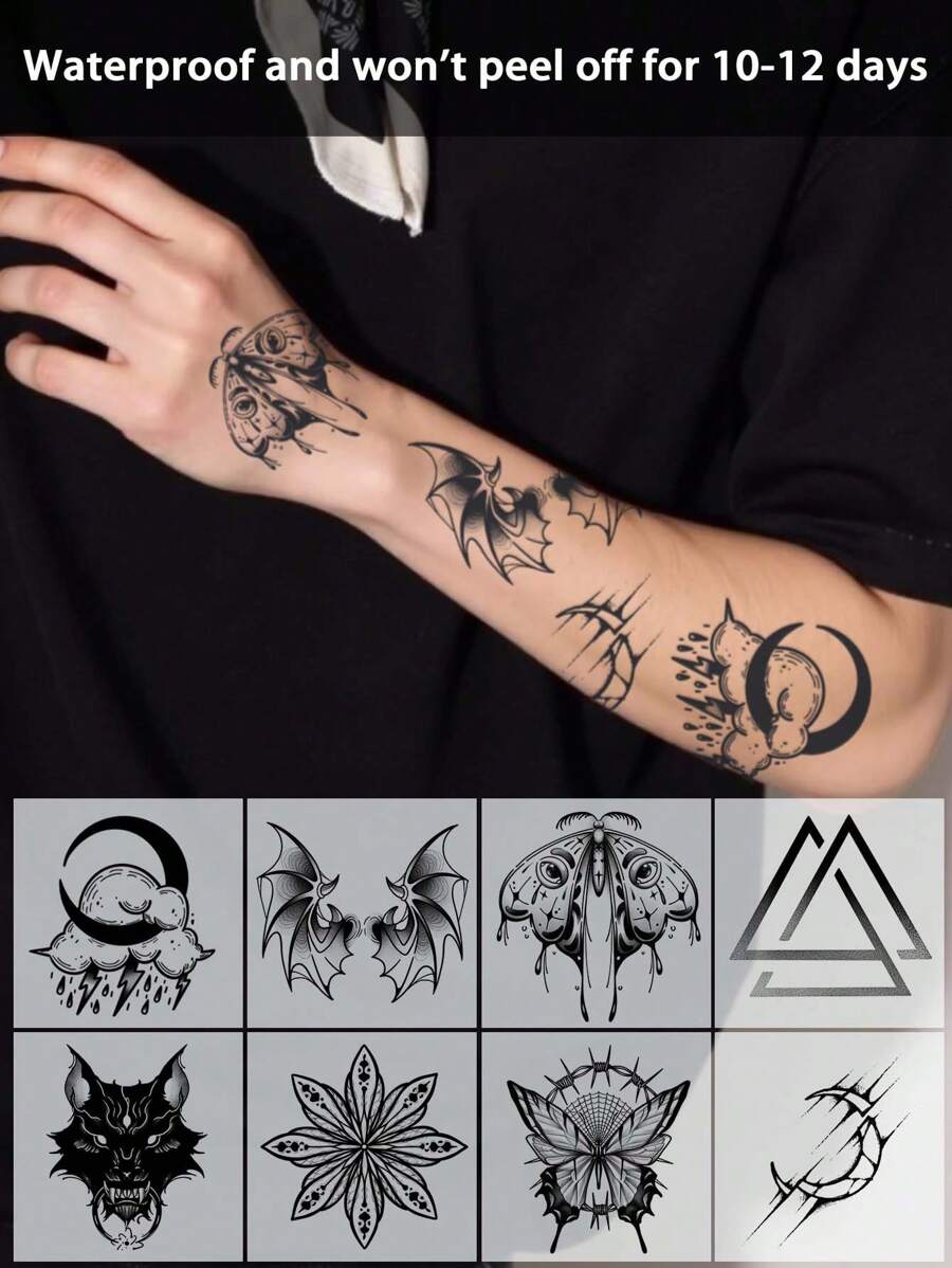 8 stuks Europese stijl tijdelijke tatoeages Geometrisch waterdicht zweetbestendig Blijft 1-2 weken zitten Realistisch kruidensap Niet-reflecterend Anti-wrijving Nep zwarte nep-tatoeages voor mannen en vrouwen Tatoeagestickers voor arm, borst, taille, rug, buik, been Modernistische lichaamsversiering