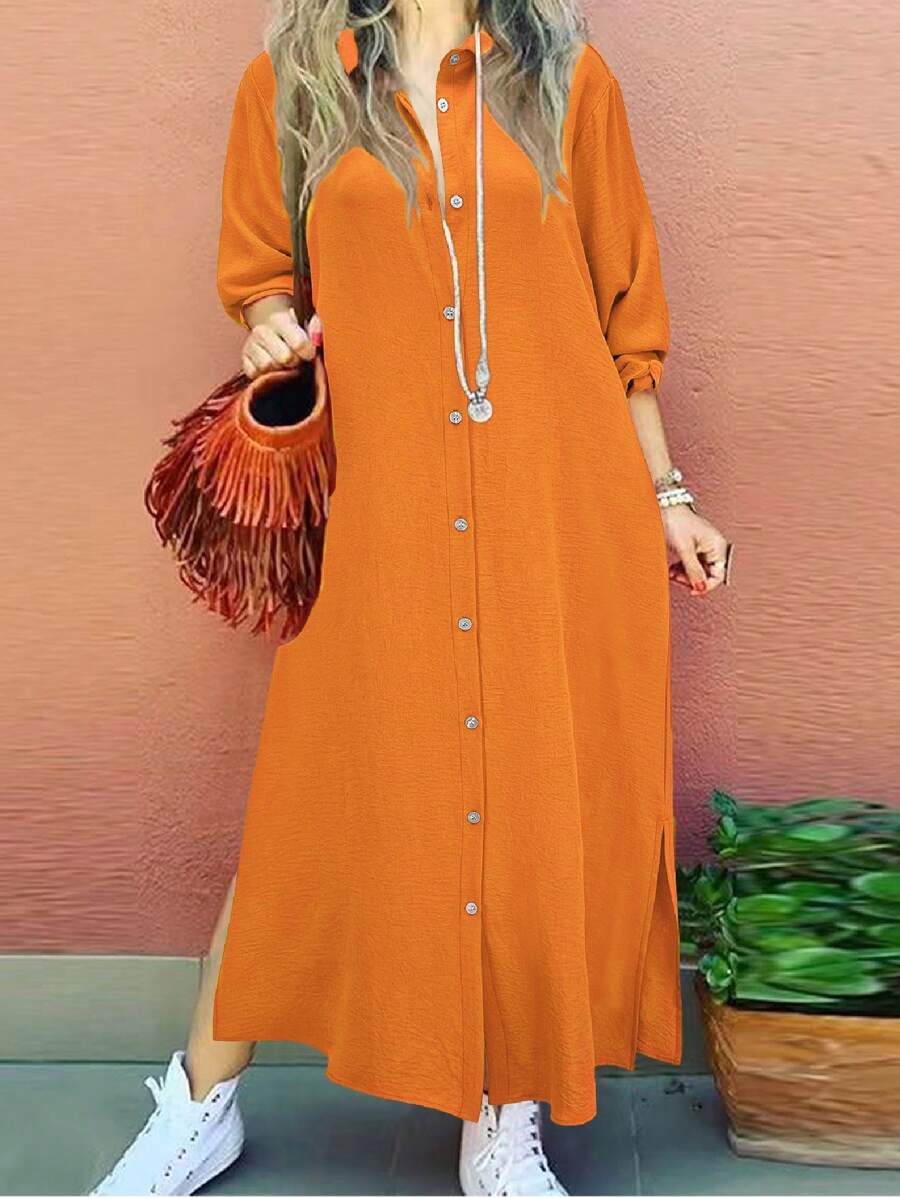 1 pieza Vestido camisero de mujer de manga larga, unicolor, de solapa única, casual y elegante