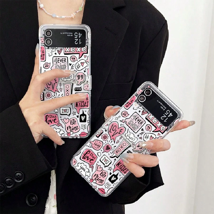 Y2K rosa Herz Liebes Muster Handyhülle mit Rundum-Schutz, klappbar, transparent, kompatibel mit Galaxy Z Flip 5, Galaxy Z Flip 4, Galaxy Z Flip 3, Galaxy Z Flip 6, stoßfeste Hartschale