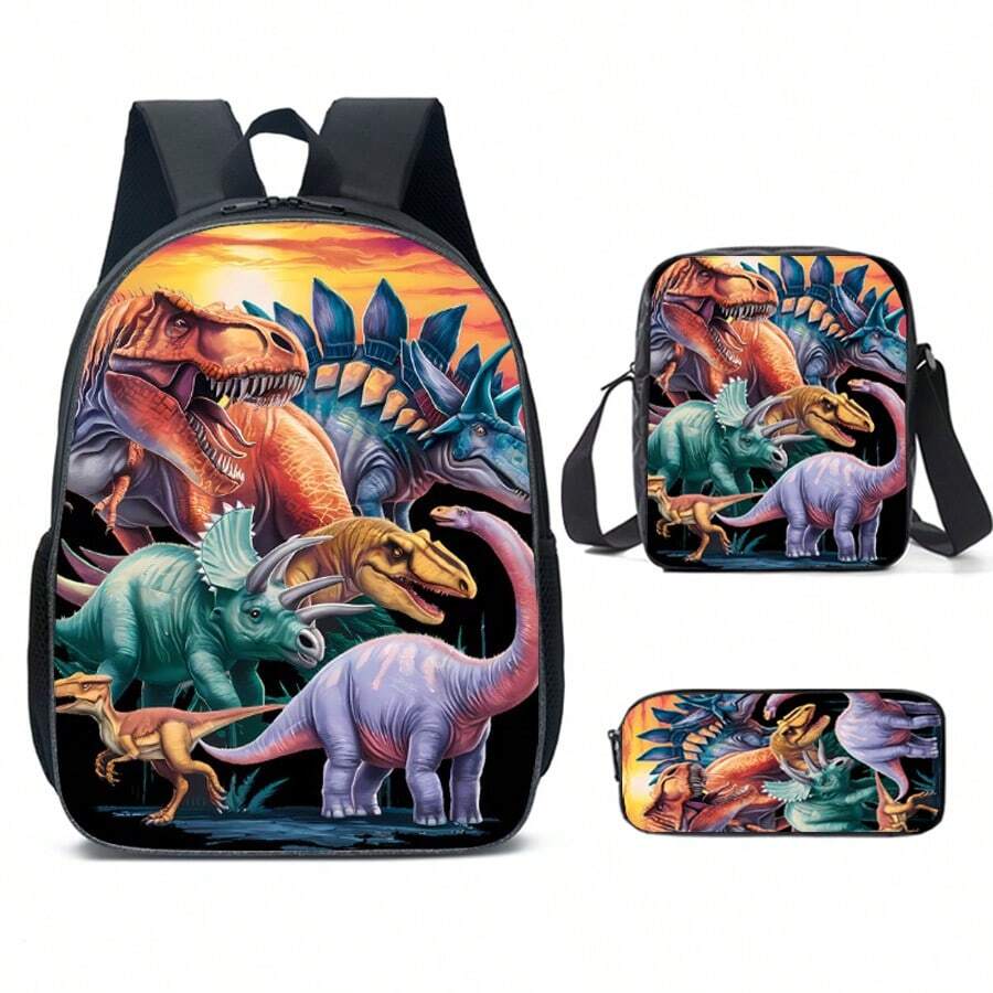 Juego de 3 mochilas escolares para niños y niñas, mochila con diseño de dinosaurio para estudiantes de escuela primaria, secundaria y preparatoria, con gran capacidad de 16 pulgadas, incluye bolsa para el hombro y estuche para lápices