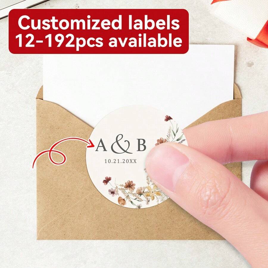 Elegante, op maat gemaakte bloemenstickers voor bruiloften - Gepersonaliseerde naamlabels voor het toevoegen van namen en data aan bedankjes, uitnodigingen en cadeauverpakkingen, waardoor de romantiek van uw evenementdecoratie wordt vergroot