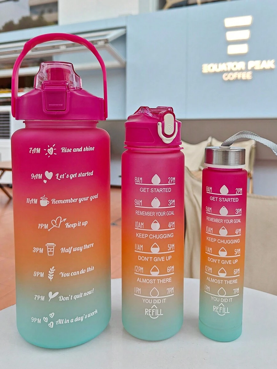 1 pièce Bouteille d'eau en PC avec dégradé rose de 2 L, 750 ml ou 280 ml, grande capacité. Gobelet portable avec paille pour activités sportives et fitness, pour une utilisation à la maison, en voyage et en extérieur