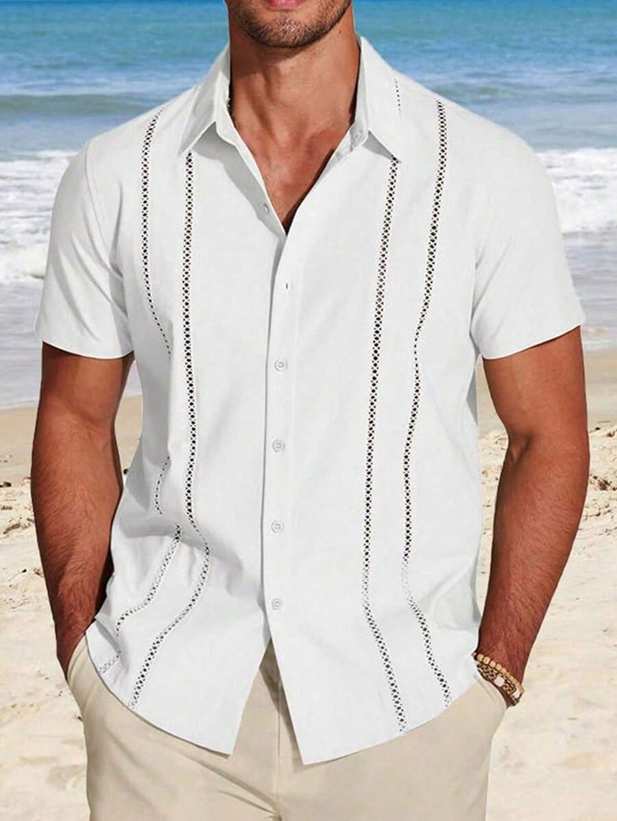 Camisa casual de vacaciones de manga corta de unicolor para hombre