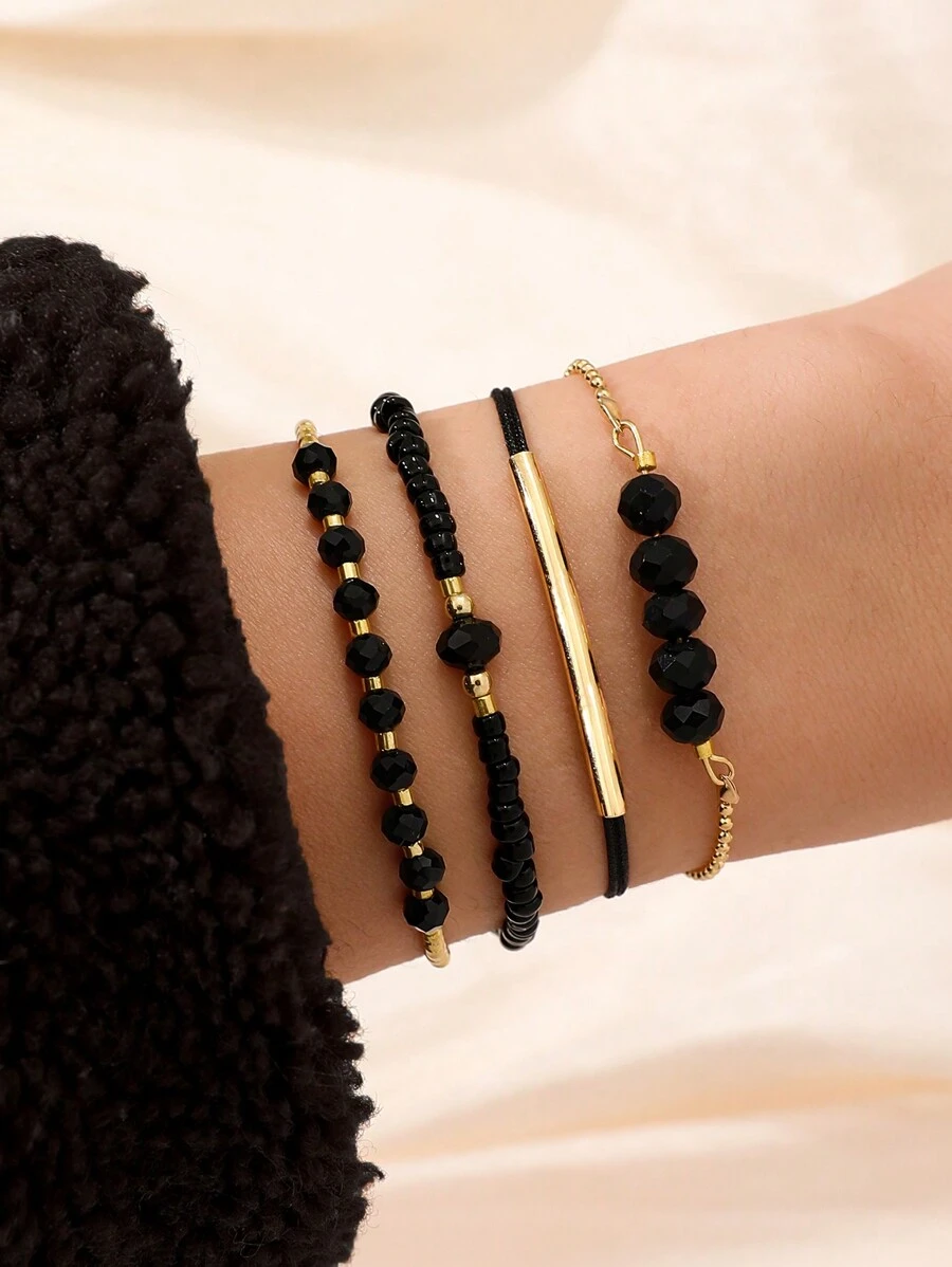 4pcs CCB Rice Bead & Imitation Crystal Stone Bangles Bracelets, Minimalist Fashion Personalized Beach Style Accessories For Women (Mixed Rice Beads, No Fixed Position)