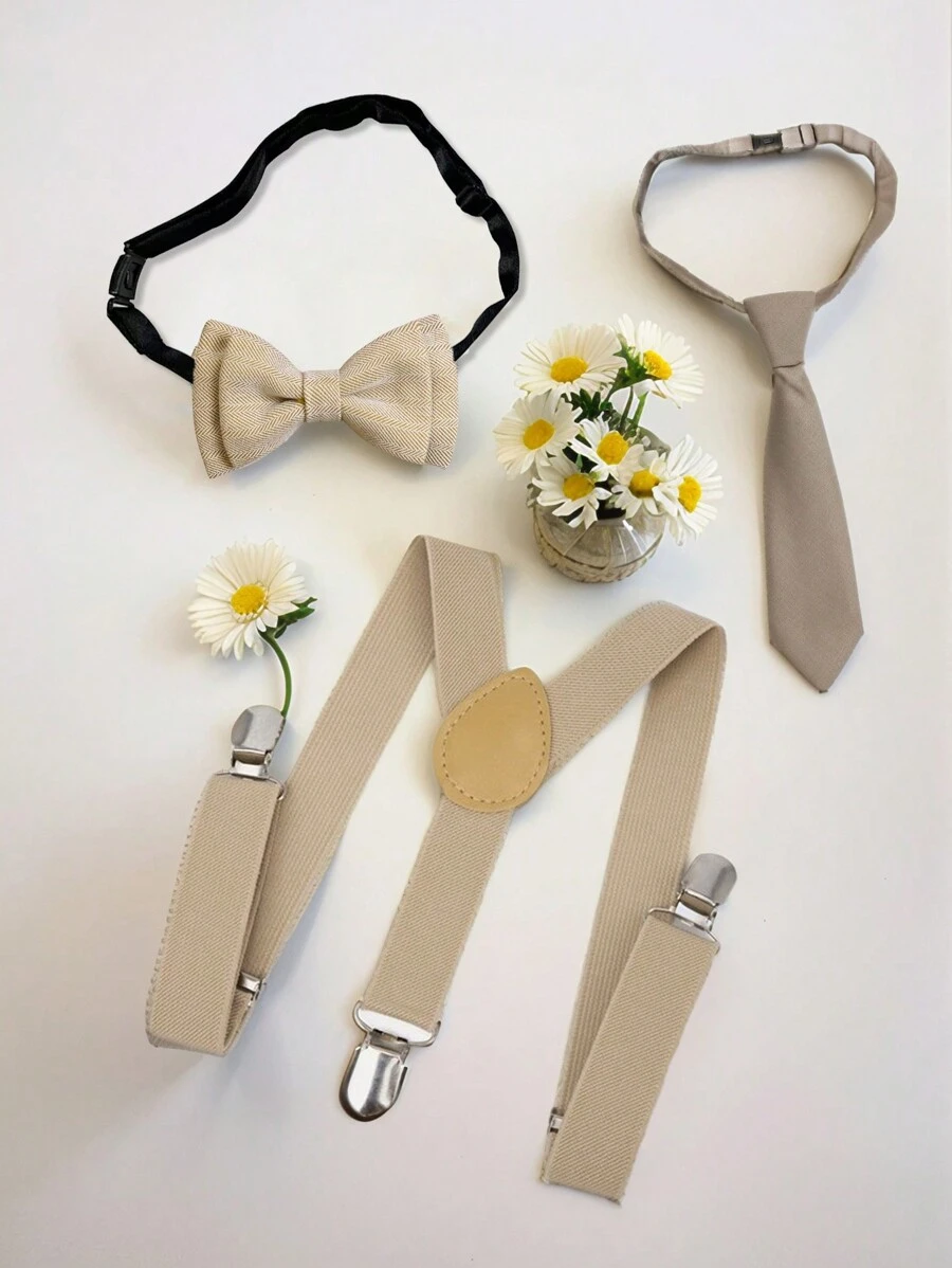 Luobobeibei 3pcs/Set Kids Casual Retro Style Suspenders And Bow Tie And Necktie Set, Comfortable & High-Elasticity, Suitable For Back To School, Hoilday Gift, Daily Wear And Party Outfit