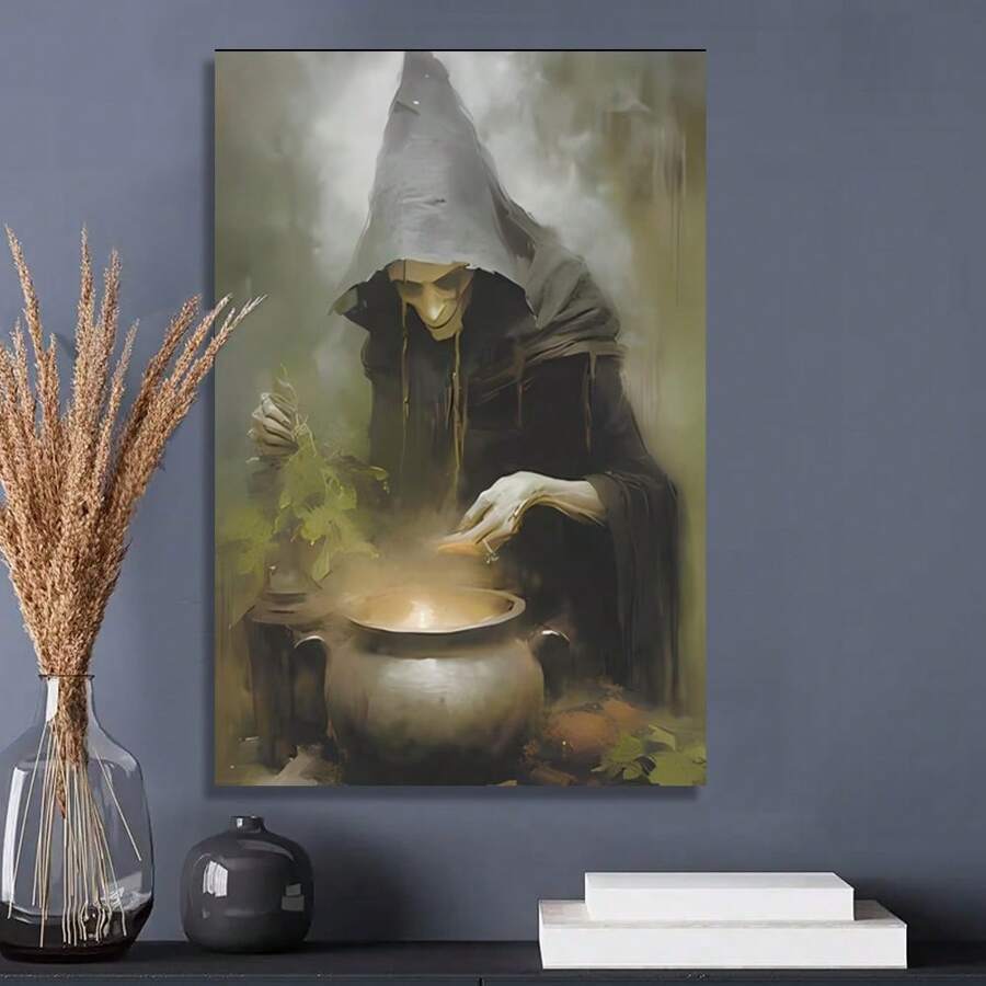 1pc Wooden Framed Canvas PaintingArt Deco Style Witch Halloween Wall Art Canvas Print, Green Witch Brewing Potion Decor, Spooky Ghost Night Themed Canvas For Home, Living Room, Balcony, Party