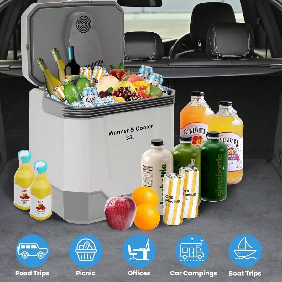 (33 L) Portable Car Refrigerator,Electric Cooler & Warmer With Automatic Locking Handle,110V AC Home Power Cord &12V Car Cooler For Vehicle,Plug In Coolers,Grey