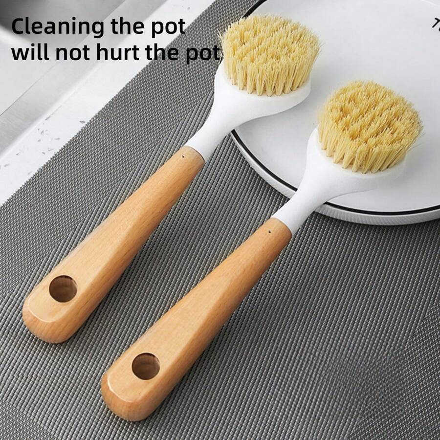 Steel Wool Household Long-Handled Dishwashing Pot Non-Stick Oil Wooden Handle Pot Brush Kitchen Multi-Function Cleaning Brush Sponges, Kitchen Dish Brush Bamboo Handle Dish Scrubber Built-In Scraper, Scrub Brush For Pans, Pots, Kitchen Sink Cleaning, Dishwashing And Cleaning Brushes Are Perfect Cleaning Tools, White