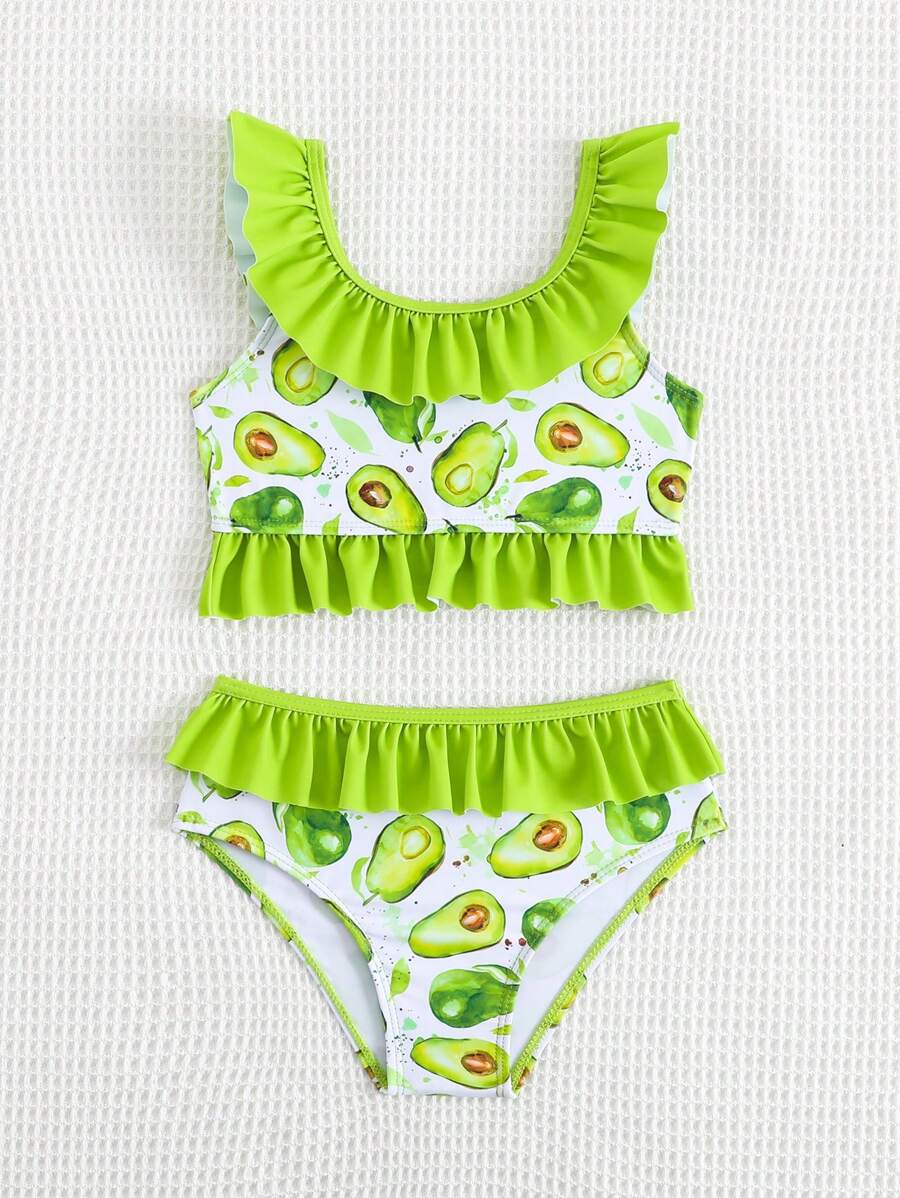 2pcs Young Girl Cute Avocado Print Ruffle Two-Piece Swimwear