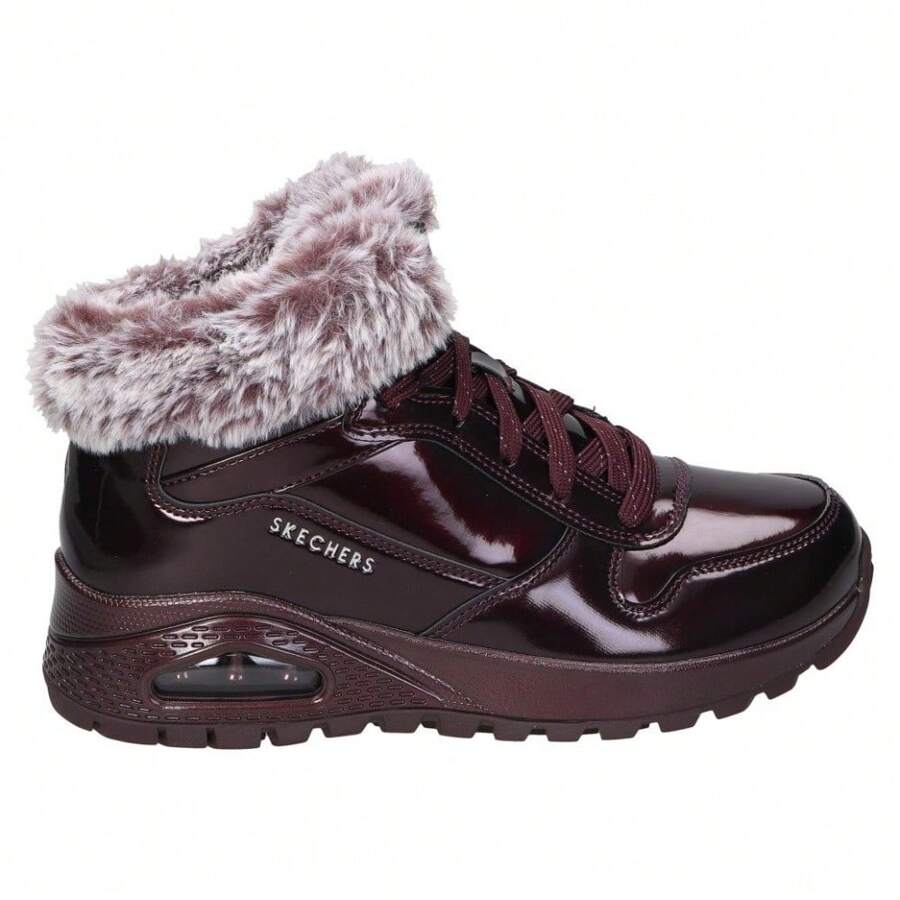Skechers Damskie zimowe botki Skechers Uno Rugged Fiesty – Burgundowe botki powlekane – Sznurowane botki – Z Shearling – Na zimę – Średni klin – Model 168126-BURG